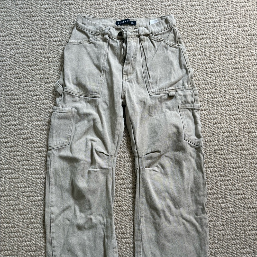 Lioness Beige Cargo Barrel Jeans
